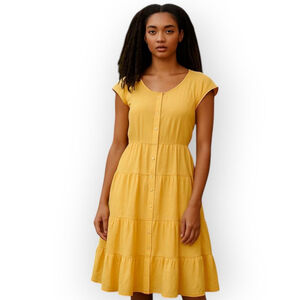Plain Jane Yellow Tiered Cap Sleeve Dress Small